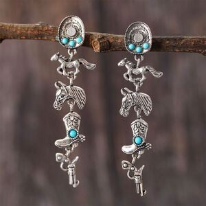 Western Boho Faux Turquoise Cowboy Hat, Boots, Horse and Gun Dangle Earrings
